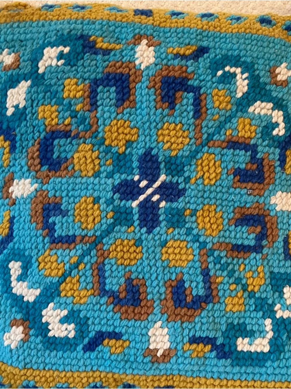 VTG Handmade Needlepoint Throw Pillow Blue Gold Geometric Square Scandi 12 x 12
